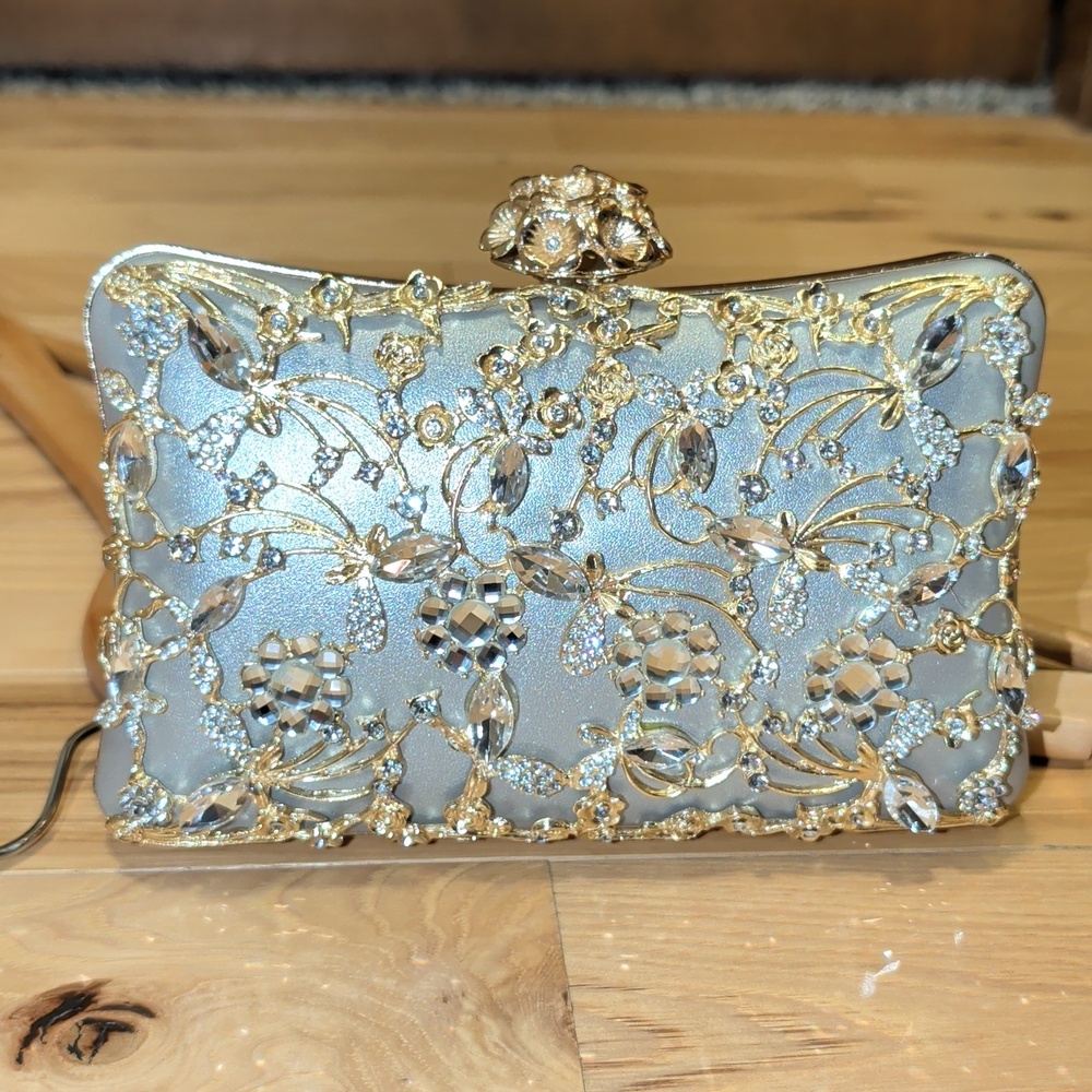 Silver Leather Clutch With Gold And Crystal Floral Embellishments